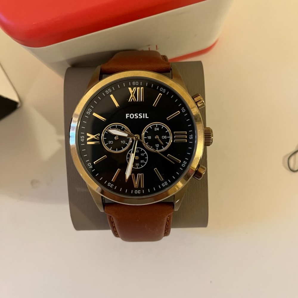 Fossil Men's Watch with Black Dial and Brown Leather Strap